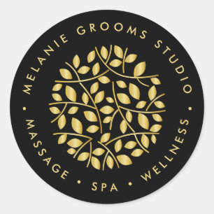 Gold leaves logo Black wellness massage yoga spa Classic Round Sticker