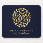 Gold leaves logo Blue | Personalised add your name Mouse Pad<br><div class="desc">Elegant business cards for massage studios, massage therapy, spas or wellness professionals feature a faux gold foil round arrangement of branches and leaves, Customise the front with two lines of custom text on modern blue background using the template. A chic design for any wellness industry or holistic health related profession...</div>