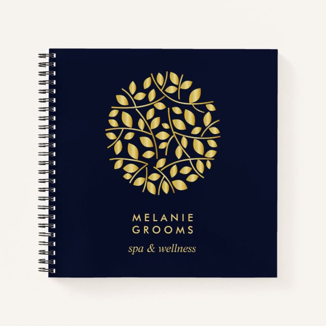 Gold Leaves Logo | Blue | Personalised Monogram Notebook (Front)