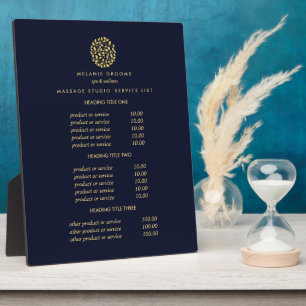Gold leaves logo blue spa massage pricing plaque