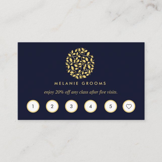 Gold leaves logo | Blue | wellness  massage yoga Business Card (Front)