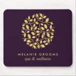 Gold leaves logo Purple Personalised add your name Mouse Pad<br><div class="desc">Elegant business cards for massage studios, massage therapy, spas or wellness professionals feature a faux gold foil round arrangement of branches and leaves, Customise the front with two lines of custom text on a rich purple background using the template. A chic design for any wellness industry or holistic health related...</div>
