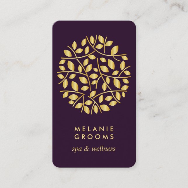Gold leaves logo| Purple | wellness  massage yoga Business Card (Front)