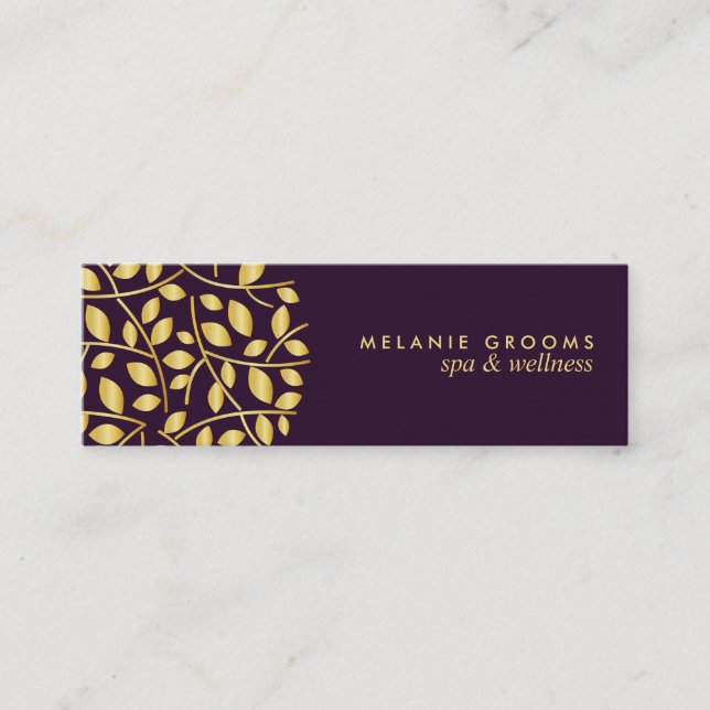 Gold leaves logo Purple  wellness spa massage yoga Mini Business Card (Front)