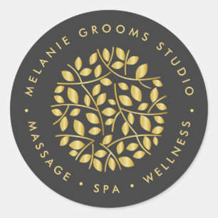 Gold leaves logo wellness massage yoga spa classic round sticker