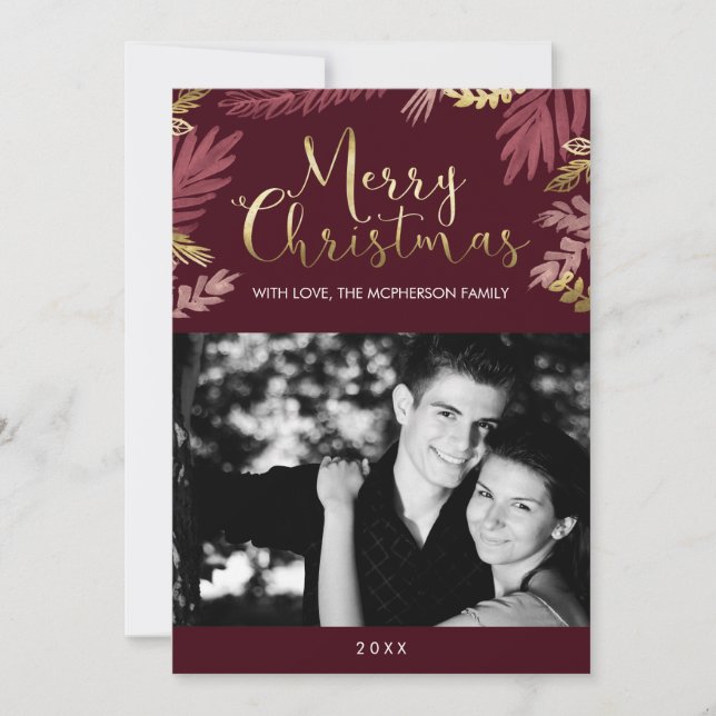 Gold Leaves Merry Christmas Photo Holiday Card (Front)