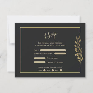 Gold Leaves Modern Black Wedding RSVP Card