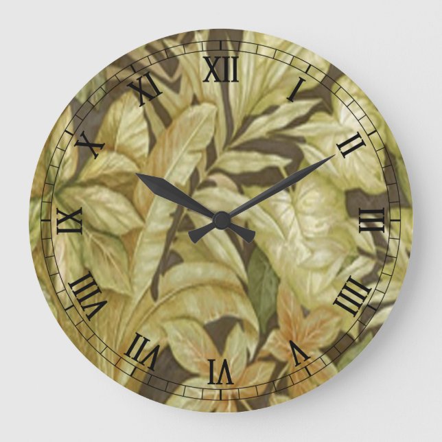 Gold Leaves On Black Round Roman Numerals Clock (Front)