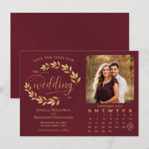 Gold Leaves on Burgundy Photo & Calendar Wedding Save The Date