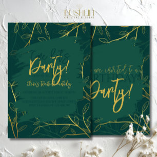 Gold Leaves on Emerald Come Let’s Party Birthday Invitation