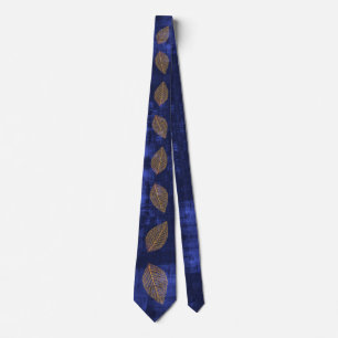 Gold Leaves on Navy Blue Satin look Tie