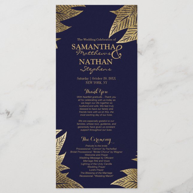 Gold Leaves on Navy Blue Wedding Programs Programme (Front)