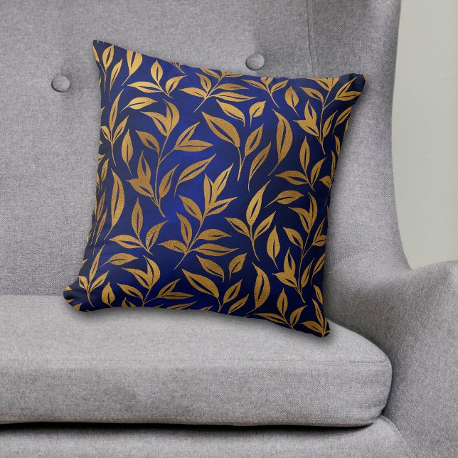 Gold Leaves on Royal Blue Glow Throw Pillow (Creator Uploaded)
