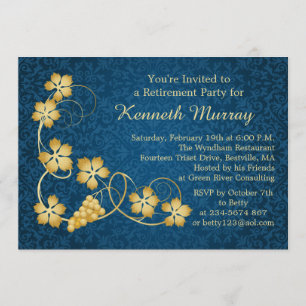 Gold leaves on vine, blue damask Retirement Party Invitation