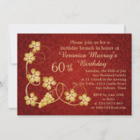 Gold leaves on vine, red damask 60th Birthday