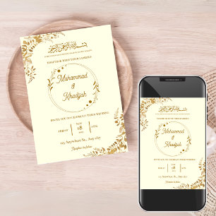 Gold Leaves Ornate Muslim Wedding Nikah Walima Invitation