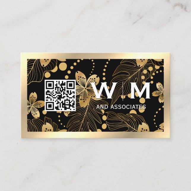 Gold Leaves Pattern | QR Code Business Card (Front)