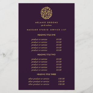 Gold leaves Purple Spa Massage Pricing & Services Flyer