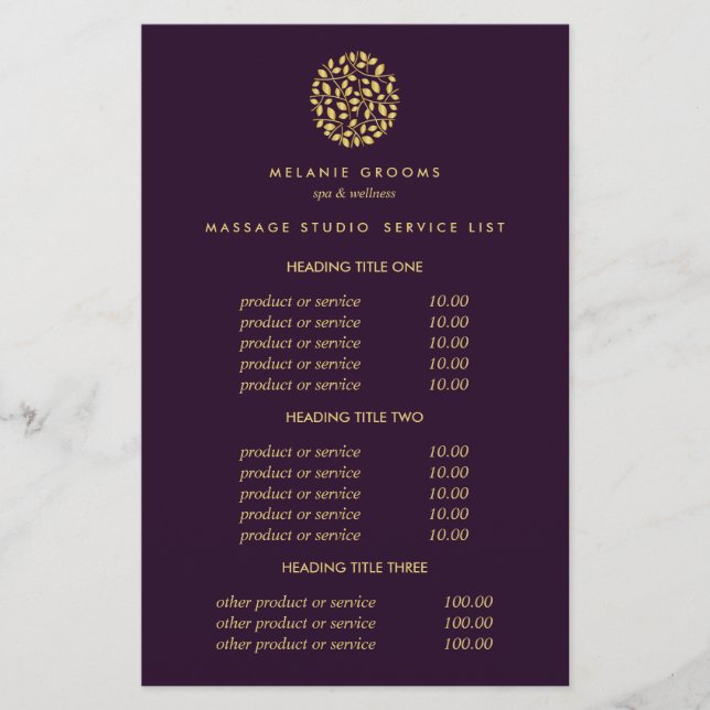 Gold leaves Purple Spa Massage  Pricing & Services Flyer (Front)
