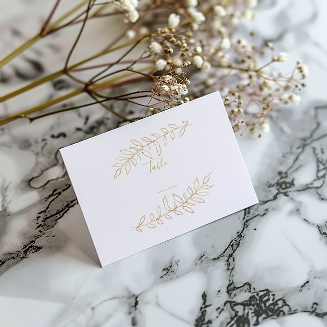Gold leaves table number place card (White table number place card with delicate gold colored leaves and text.)