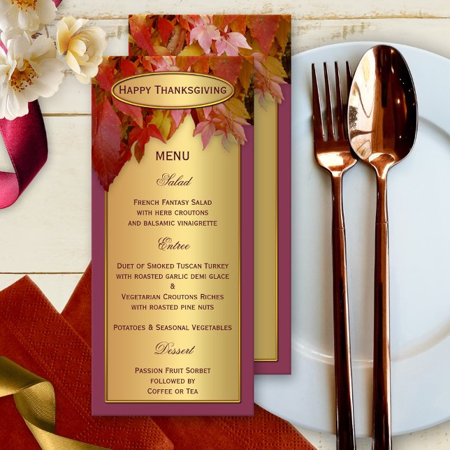 Gold Leaves Thanksgiving Fall Dinner Menu (Elegant autumn dinner menu template card featuring a gold printed design with colorful fall leaves)
