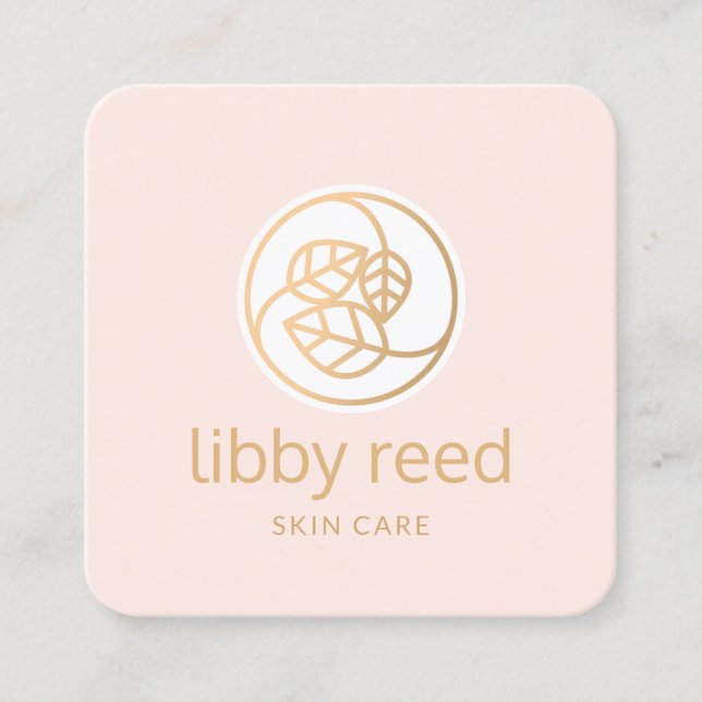 Gold Leaves Trio Logo Square Pink Beauty Spa Business Card (Front)