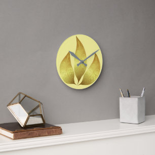 Gold leaves unique modern hand drawing  round clock