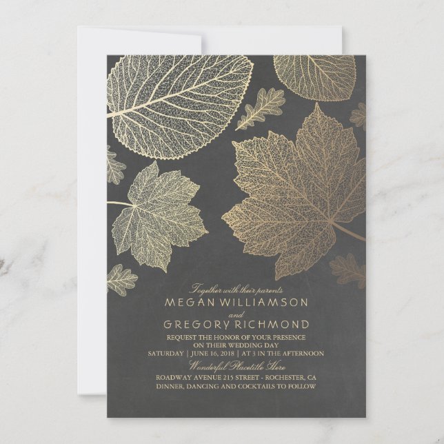 Gold Leaves Vintage Rustic Fall Wedding Invitation (Front)