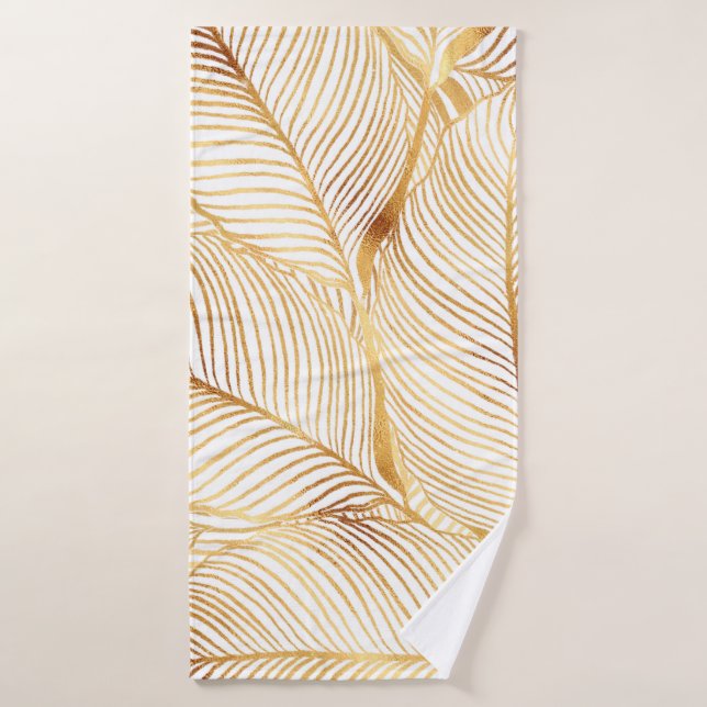Gold Leaves White Elegant Pattern Bath Towel (Bath Towel)