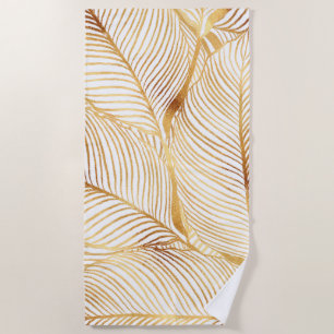Gold Leaves White Elegant Pattern Beach Towel