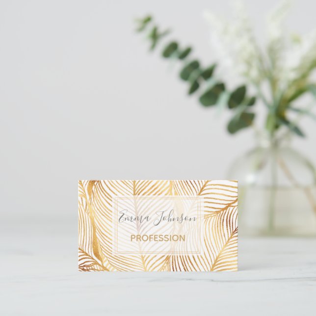 Gold Leaves White Elegant Pattern Business Card (Standing Front)