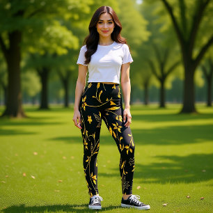 Gold leaves with black back ground leggings