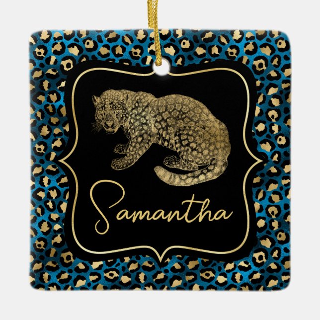 Gold Leopard and Blue Leopard Print Ceramic Ornament (Front)