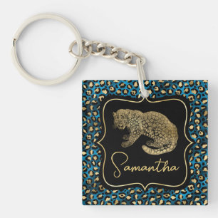 Gold Leopard and Blue Leopard Print Key Ring