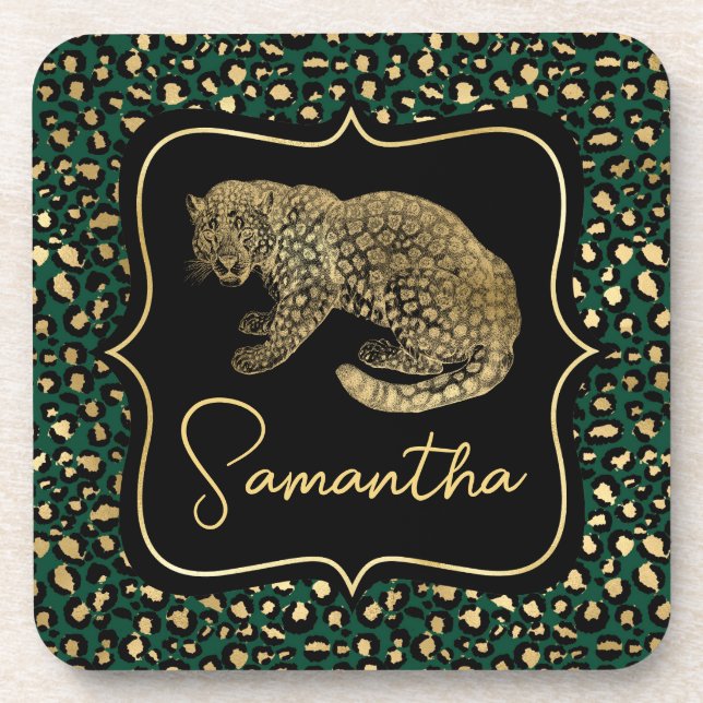 Gold Leopard and Green Leopard Print Coaster (Front)