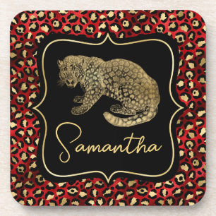 Gold Leopard and Red Leopard Print Coaster