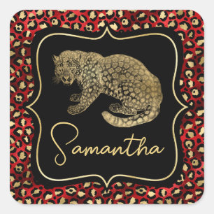Gold Leopard and Red Leopard Print Square Sticker