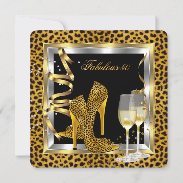 Gold Leopard Black High Heels Shoes Birthday 2 Invitation (Front)