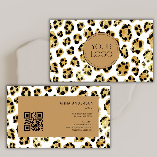 Gold Leopard Cheetah Print Custom Logo QR Code Business Card (Creator Uploaded)