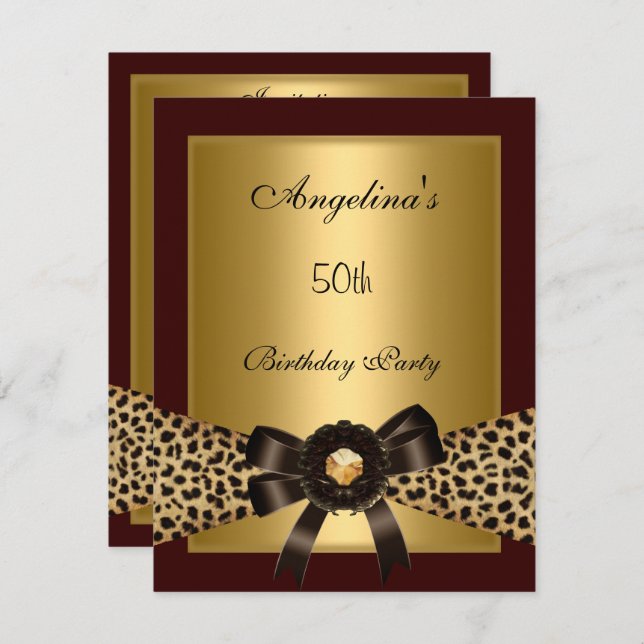Gold Leopard Coffee Brown Black 50th Birthday 3 Invitation (Front/Back)