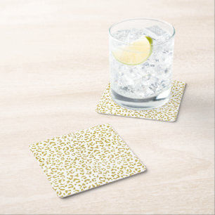 Gold Leopard, Gold Glitter, Leopard Print Square Paper Coaster