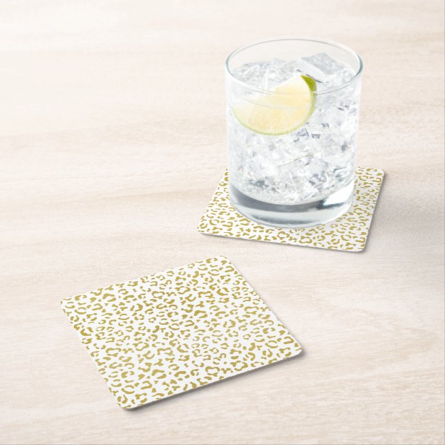 Gold Leopard, Gold Glitter, Leopard Print Square Paper Coaster (Insitu)