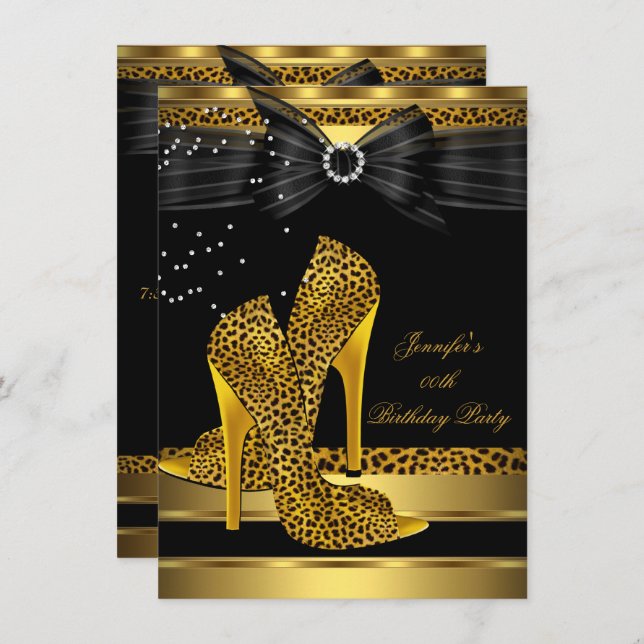 Gold Leopard High Heel Black Bow Birthday Party 3 Invitation (Front/Back)