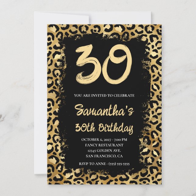 Gold Leopard Painted Black 30th Birthday Invitation (Front)