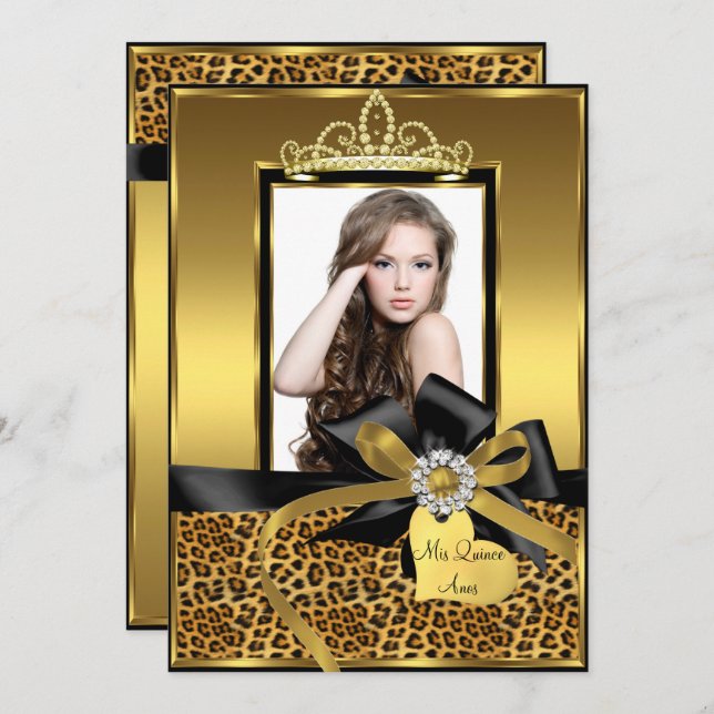 Gold Leopard Print Bow Photo Quinceanera Invite (Front/Back)
