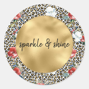 Gold Leopard Print Floral personalised quote Classic Round Sticker