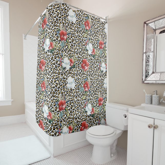 Gold Leopard Print Floral Shower Curtain (In Situ)