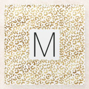 Gold Leopard Print Monogram           Glass Coaster