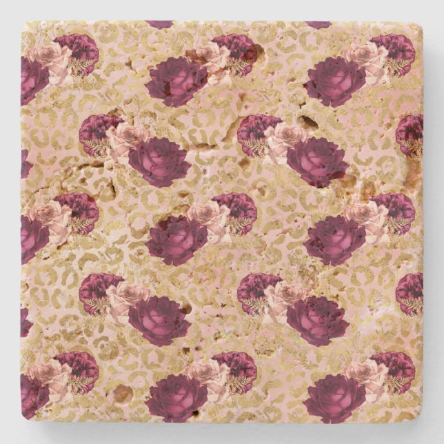 Gold Leopard Print Pink Roses Floral   Stone Coaster (Front)