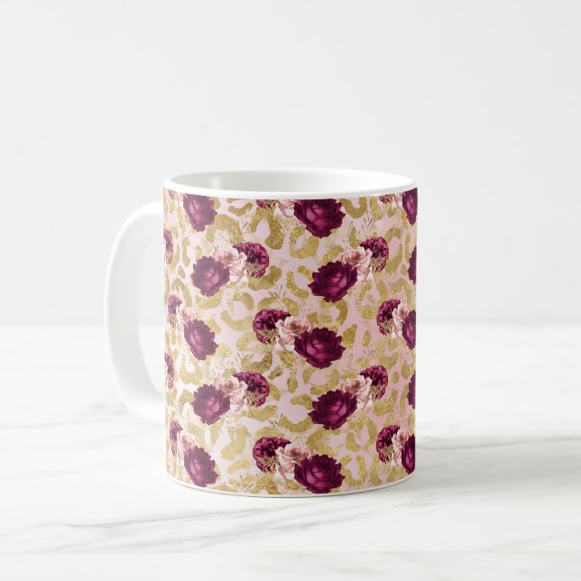 Gold Leopard Print Pink Roses Florals   Coffee Mug (Front Left)